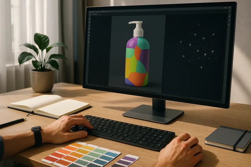 Designer analisando mockup com segmentação por IA em estúdio moderno