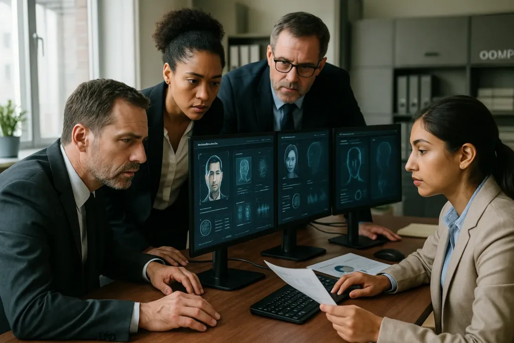 Equipe analisando painéis de KYC automatizado em ambiente financeiro