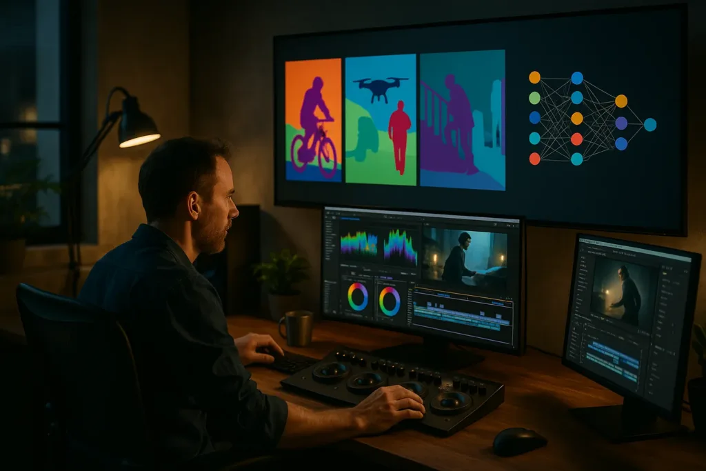 Profissionais analisando máscaras de segmentação em estúdio de pós-produção