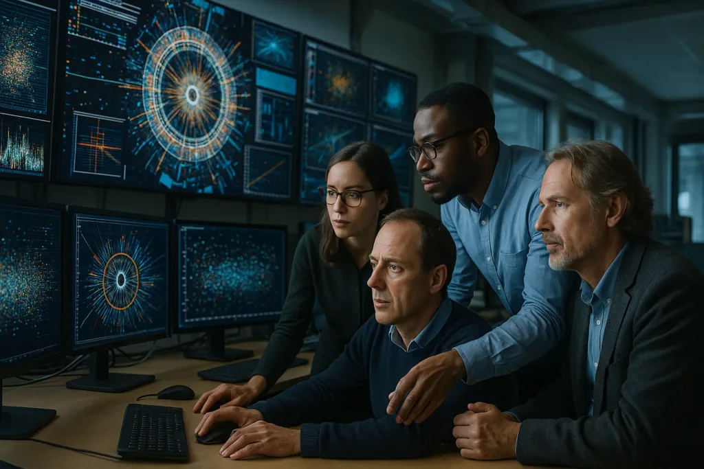 Cientistas analisam dados em uma sala de controle de pesquisa no CERN