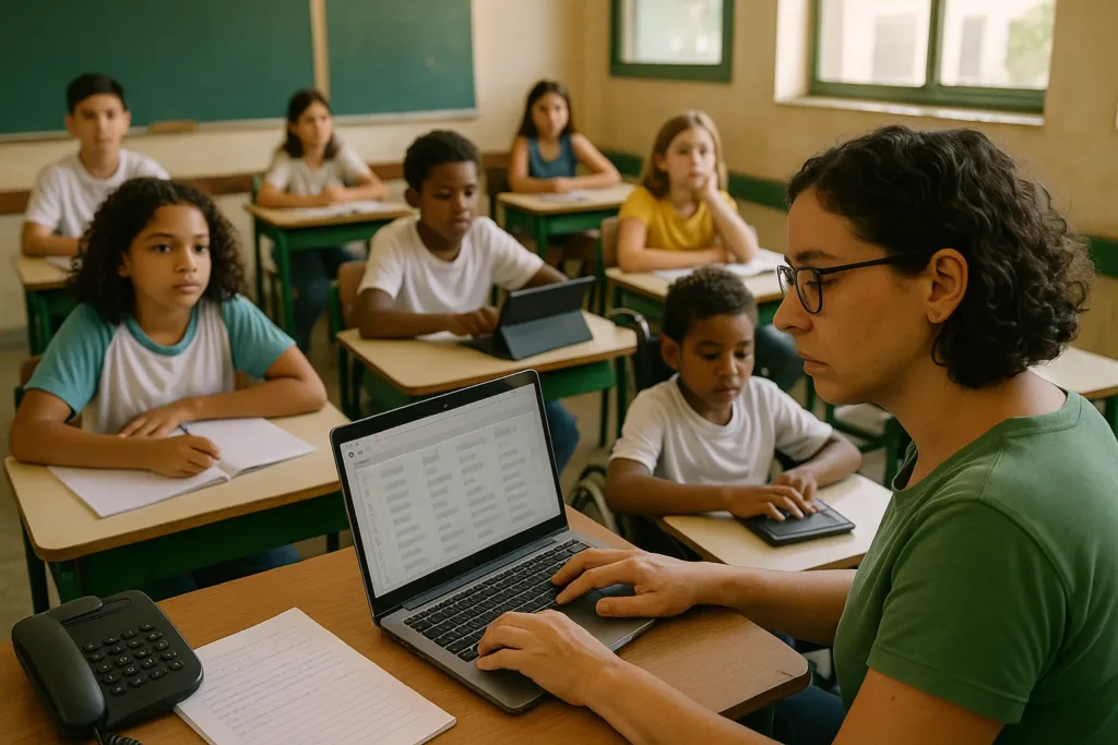 Professor analisa registros escolares em sala inclusiva de escola pública