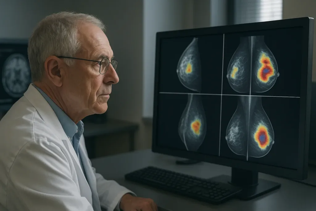Radiologista analisando mamografia com apoio de IA em sala moderna