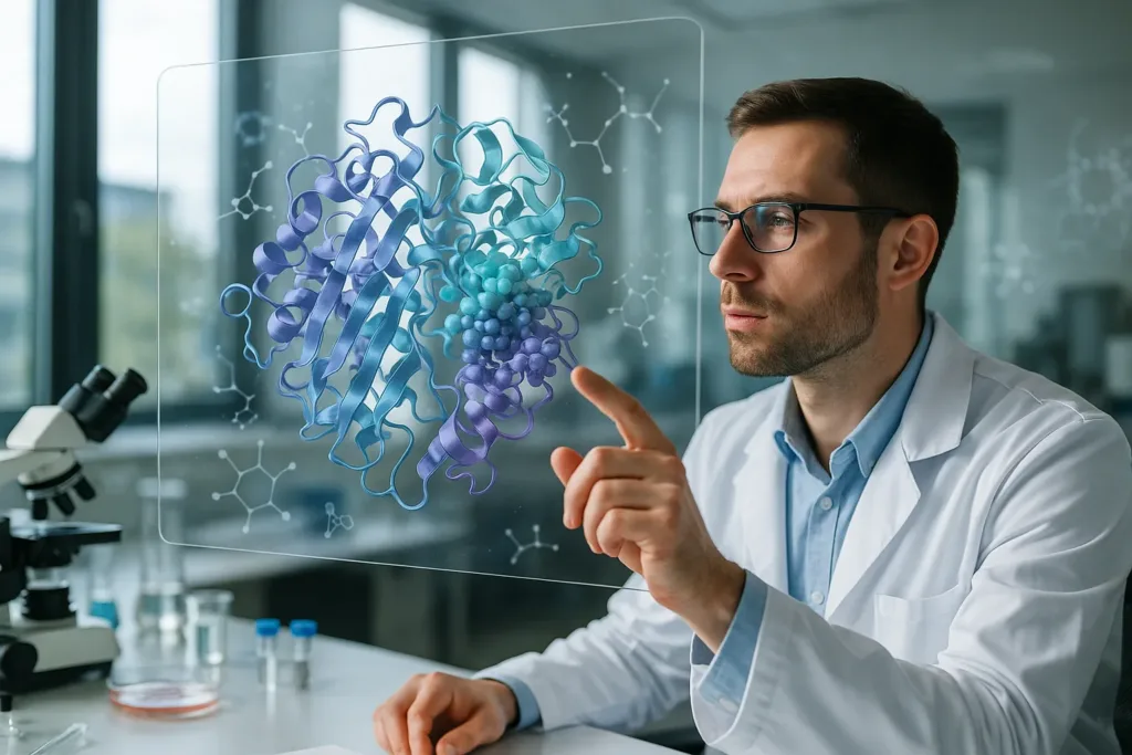 Cientista analisa estrutura 3D de proteína em laboratório moderno
