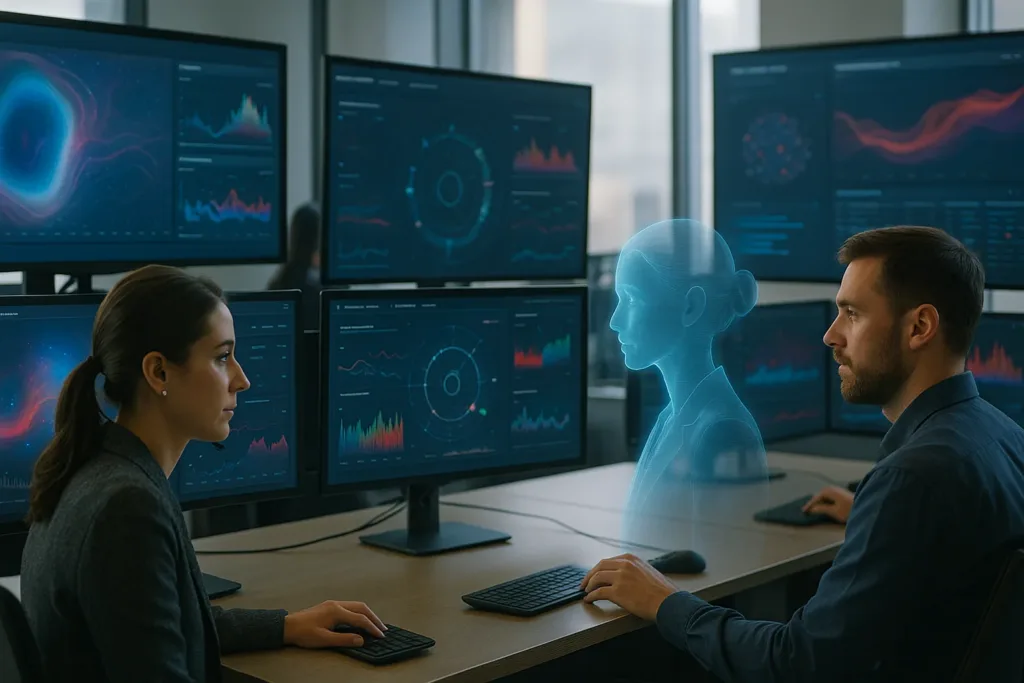 Analistas em SOC moderno usando IA para threat hunting