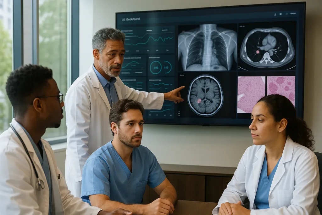 Equipe médica analisando dados de IA em oncologia no hospital