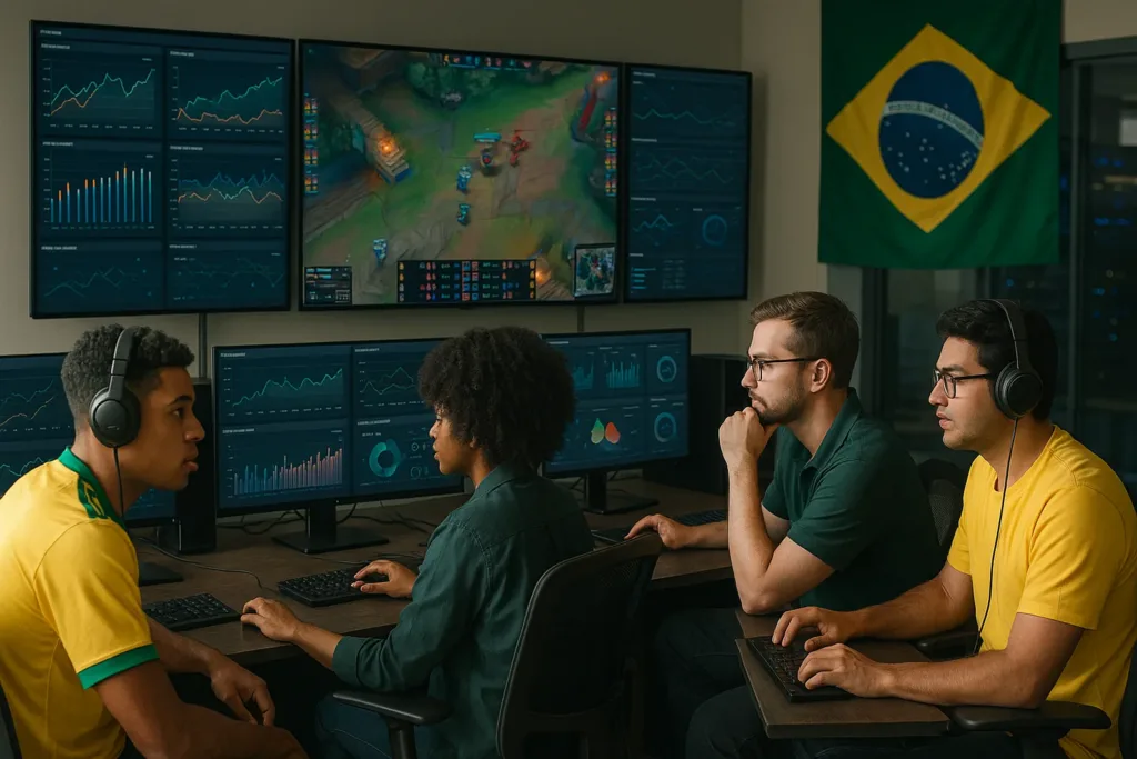 Equipe analisando dados de matchmaking em ambiente de eSports no Brasil