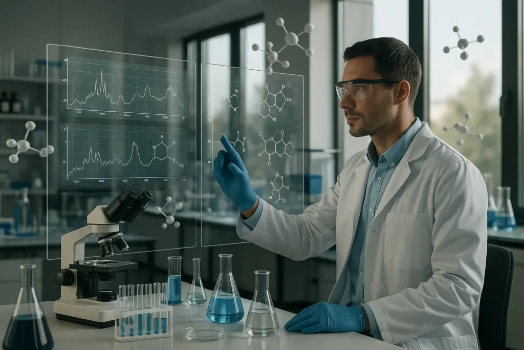 Cientista analisa estruturas moleculares em laboratório com telas digitais