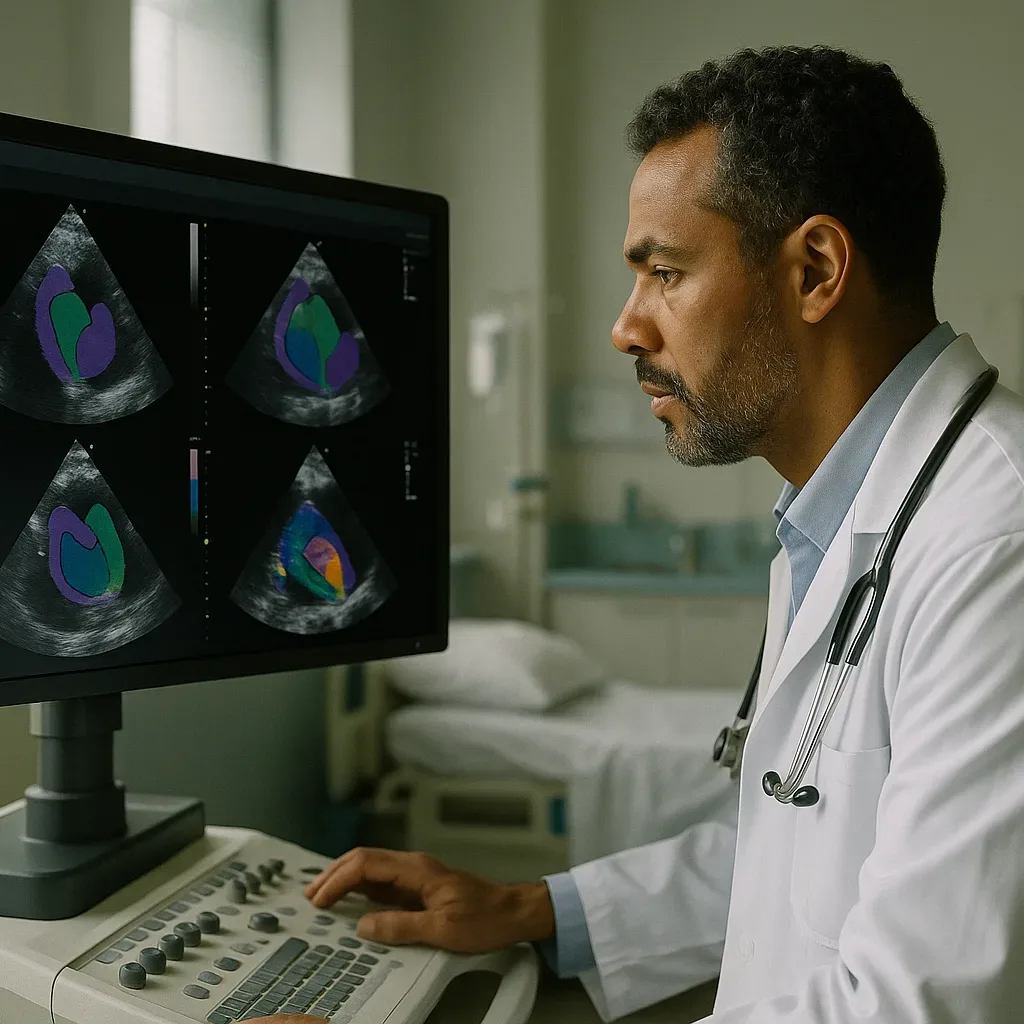 Cardiologista analisando ecocardiograma com apoio de IA em hospital brasileiro