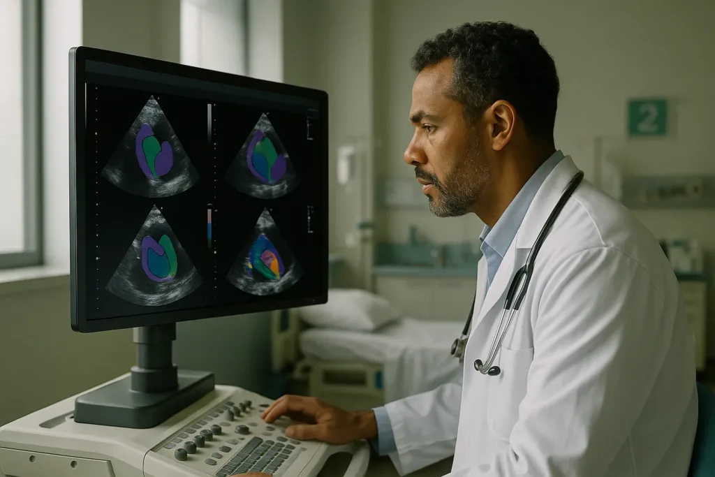 Cardiologista analisando ecocardiograma com apoio de IA em hospital brasileiro
