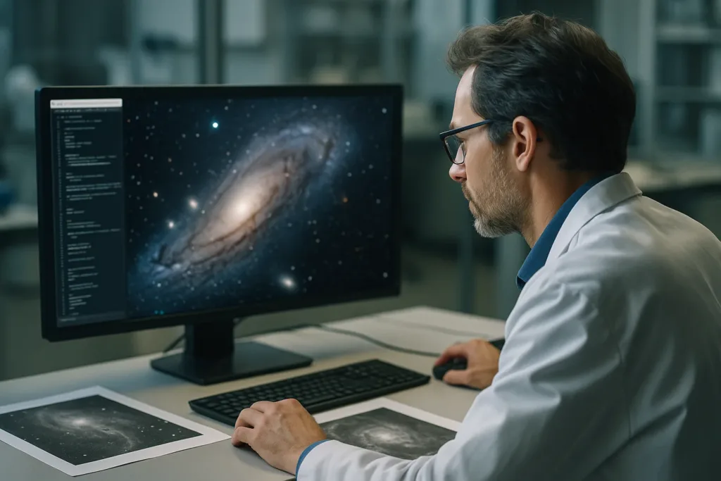 Pesquisador analisando imagens astronômicas com código em tela