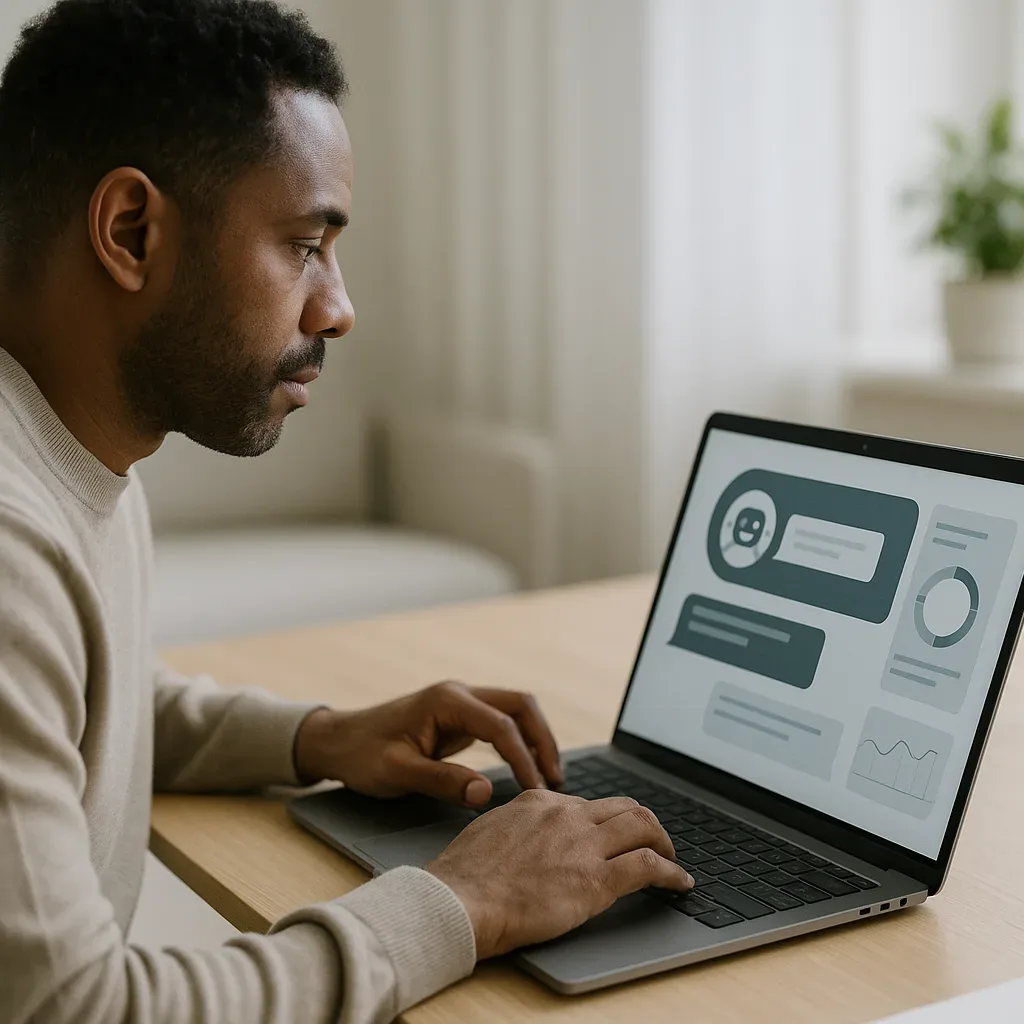 Profissional analisa interface de chatbot terapêutico em ambiente clínico