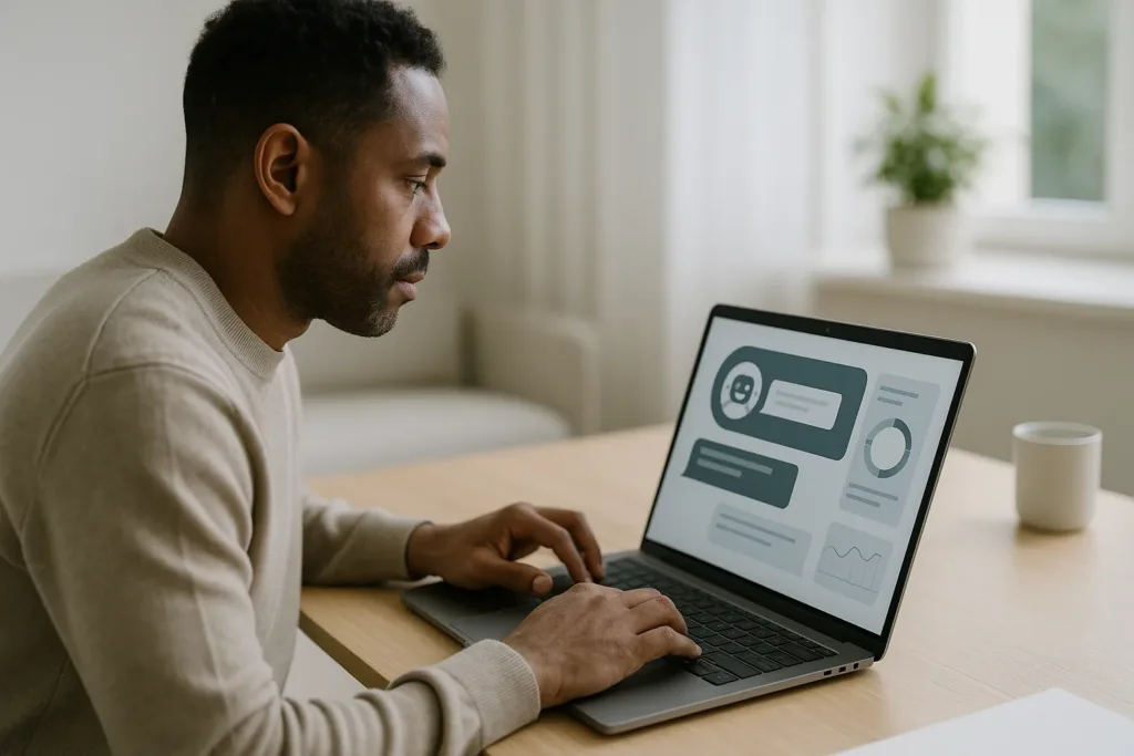 Profissional analisa interface de chatbot terapêutico em ambiente clínico