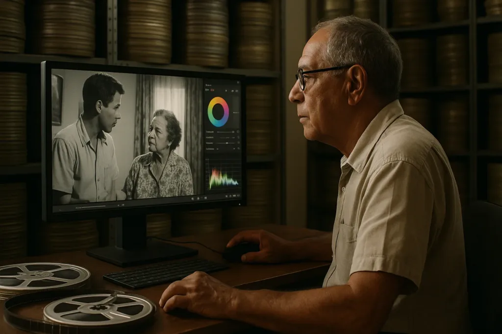 Técnico revisando frames de filme antigo em laboratório de restauração