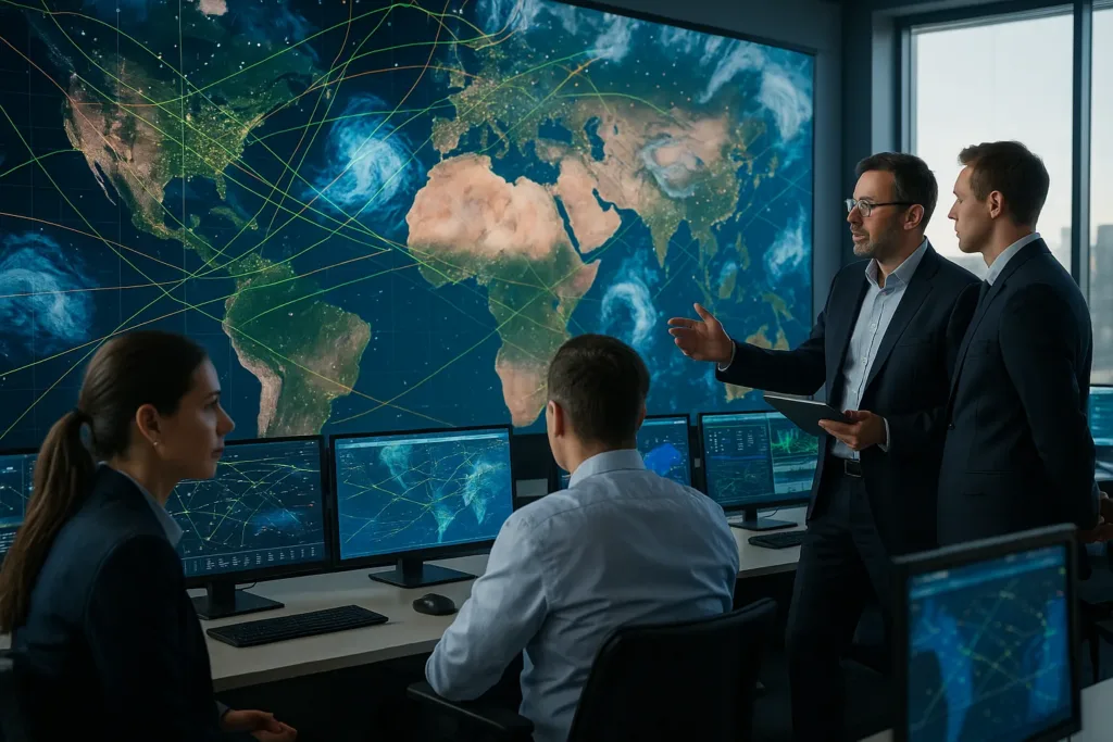 Centro de controle aéreo com telas e analistas monitorando rotas