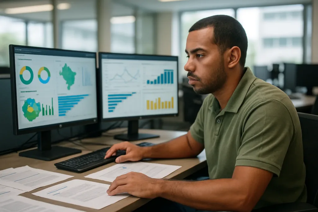 Analista revisa painéis de transparência pública em escritório governamental