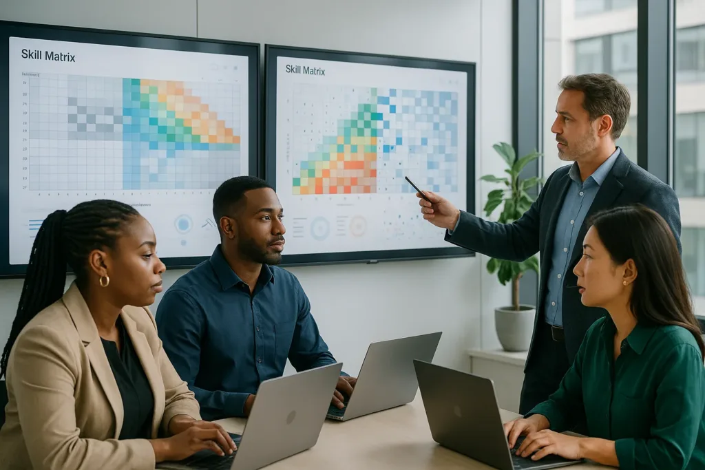 Equipe analisando competências em telas com dados de talentos