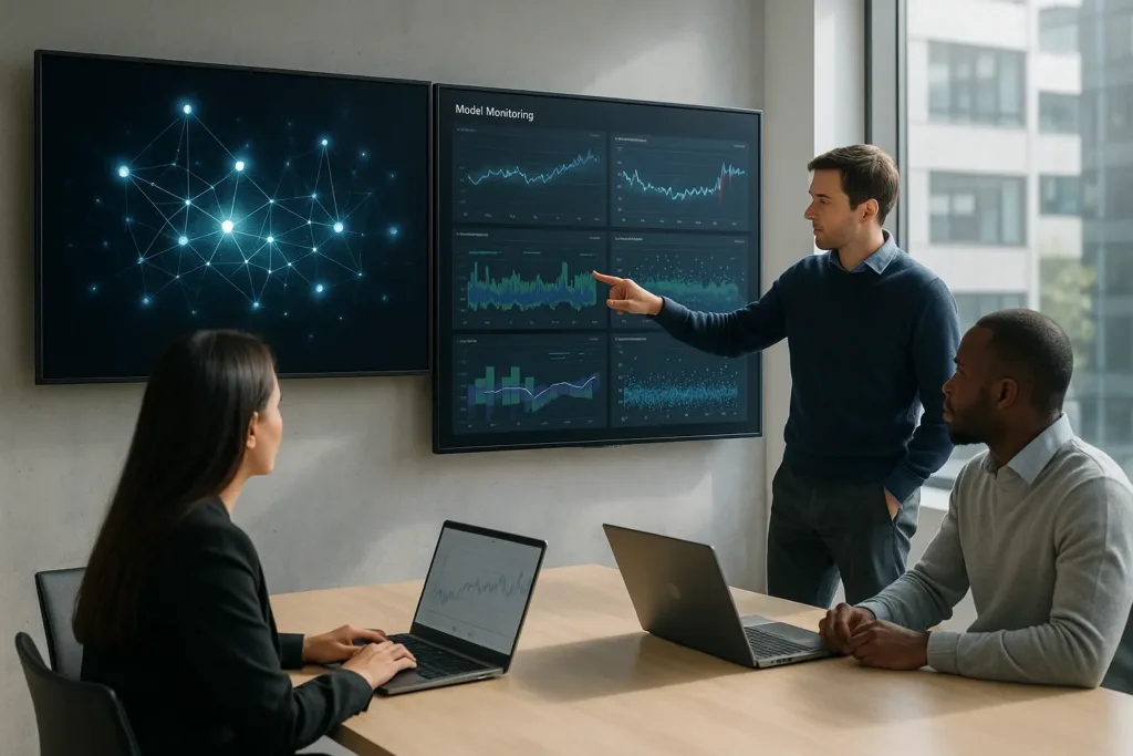 Equipe analisa dashboards de drift em ambiente corporativo