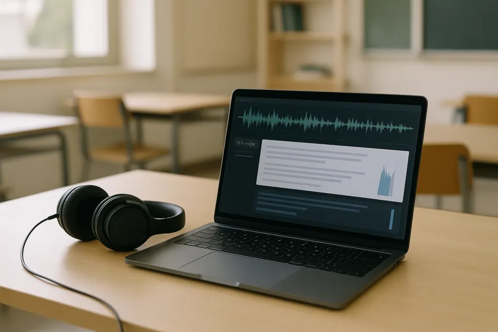 Pessoa usando tecnologia de voz assistiva em ambiente de estudo