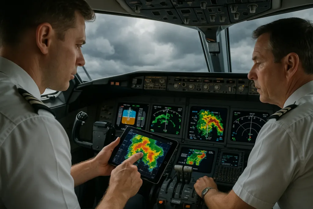 Pilotos analisando dados meteorológicos de turbulência na cabine