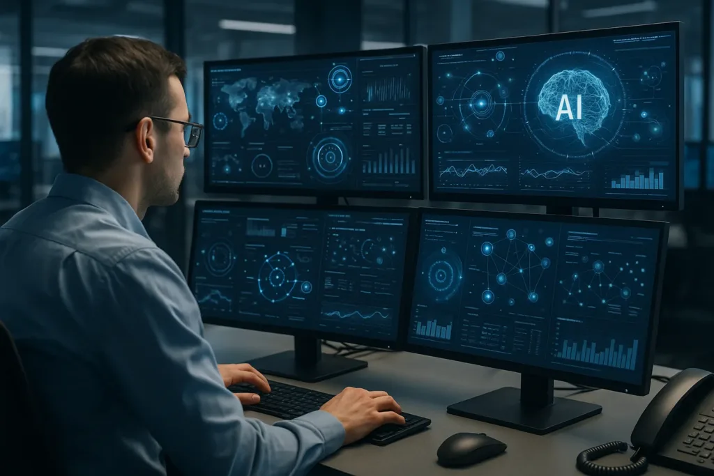 Analista de cibersegurança em SOC com painéis de threat hunting e IA