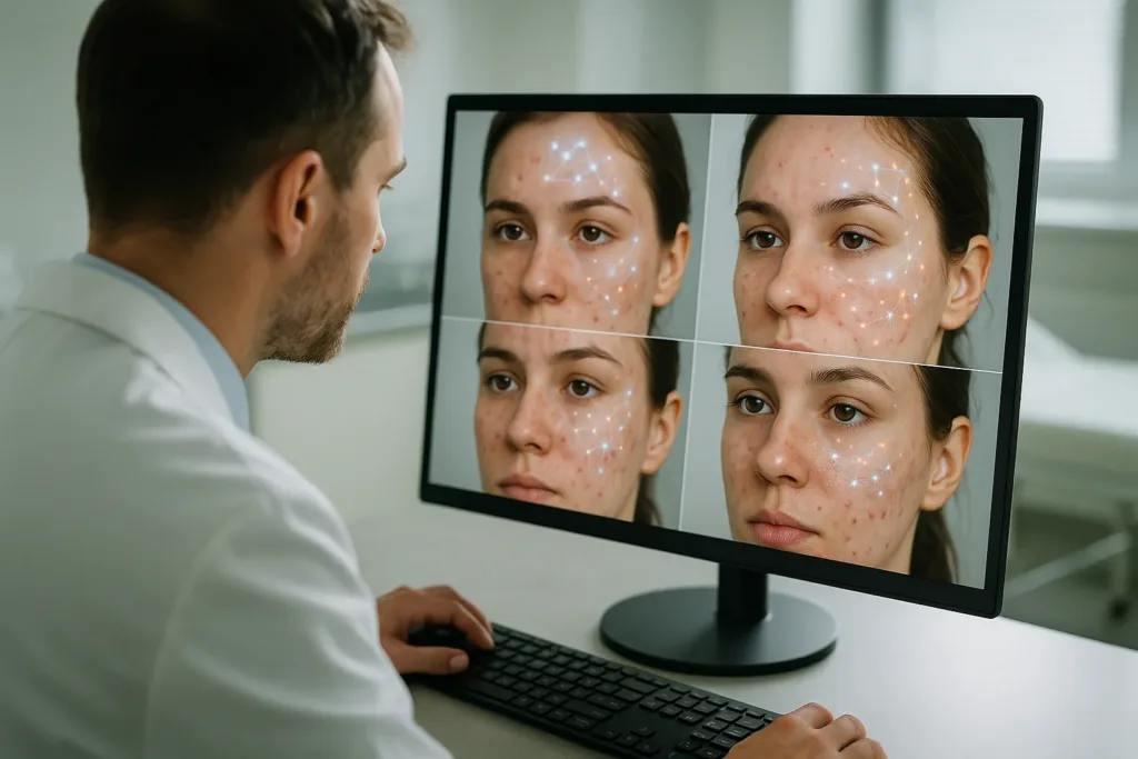 Dermatologista analisando imagens de acne com apoio de IA em ambiente clínico