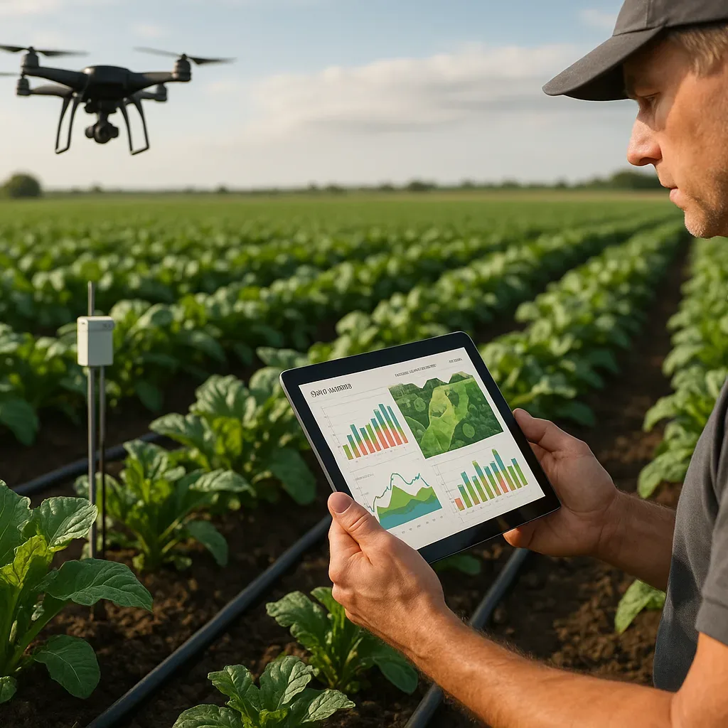 Campo agrícola com sensores, irrigação e análise em tablet