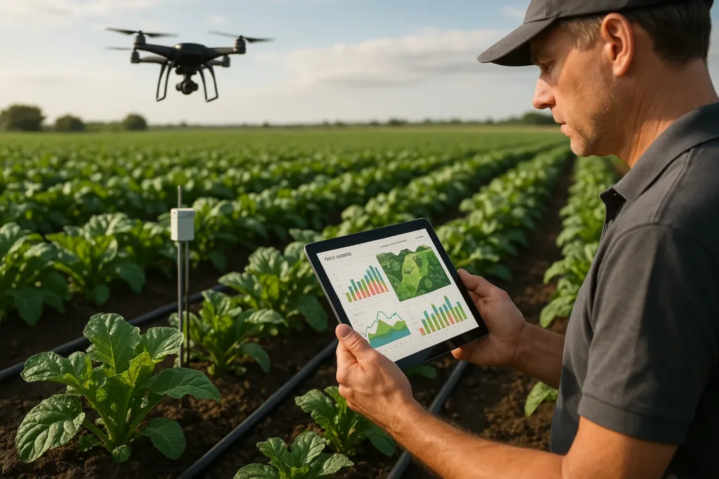Campo agrícola com sensores, irrigação e análise em tablet