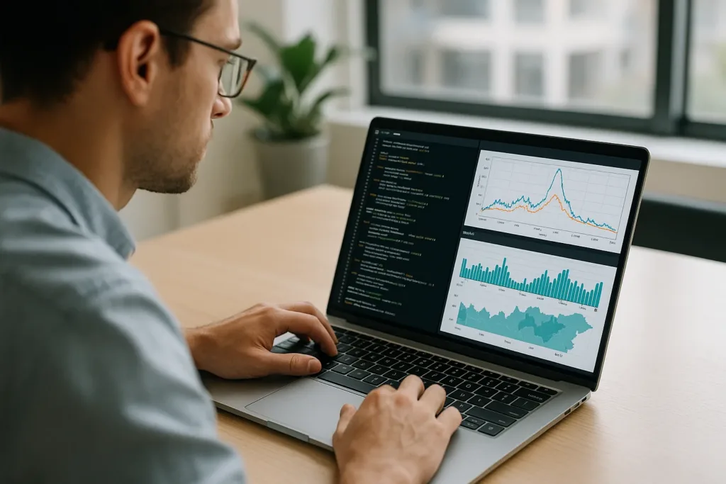 Cientista analisando previsão de surtos em painel com gráficos e código Python