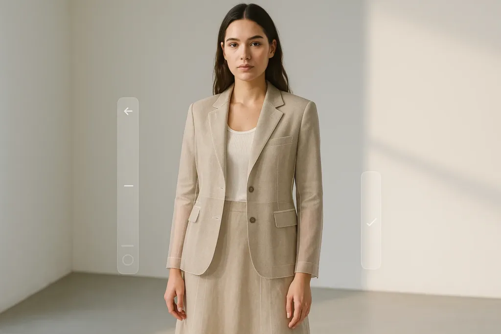 Modelo em estúdio com visualização digital de roupa por IA