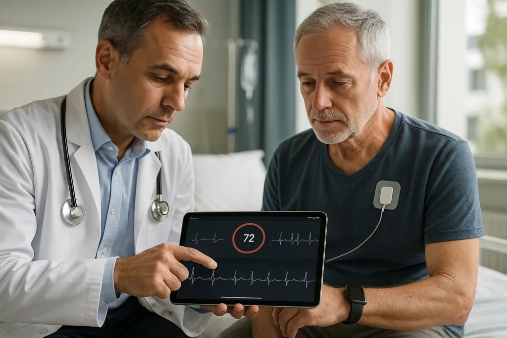 Cardiologista analisa dados de wearable com paciente em ambiente clínico