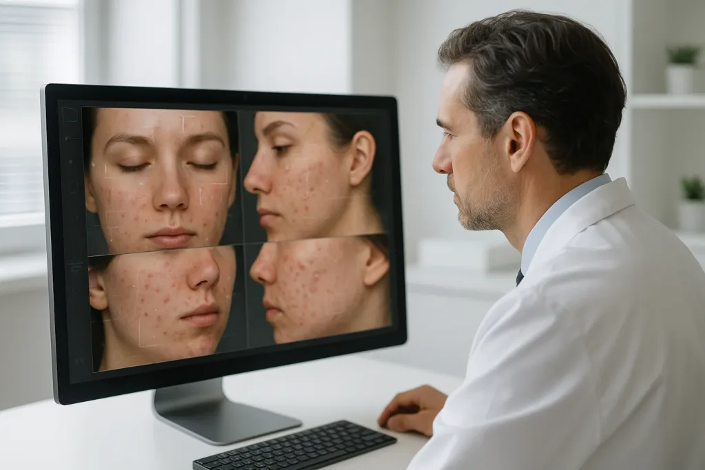 Dermatologista analisando imagens de acne com apoio de IA em clínica moderna