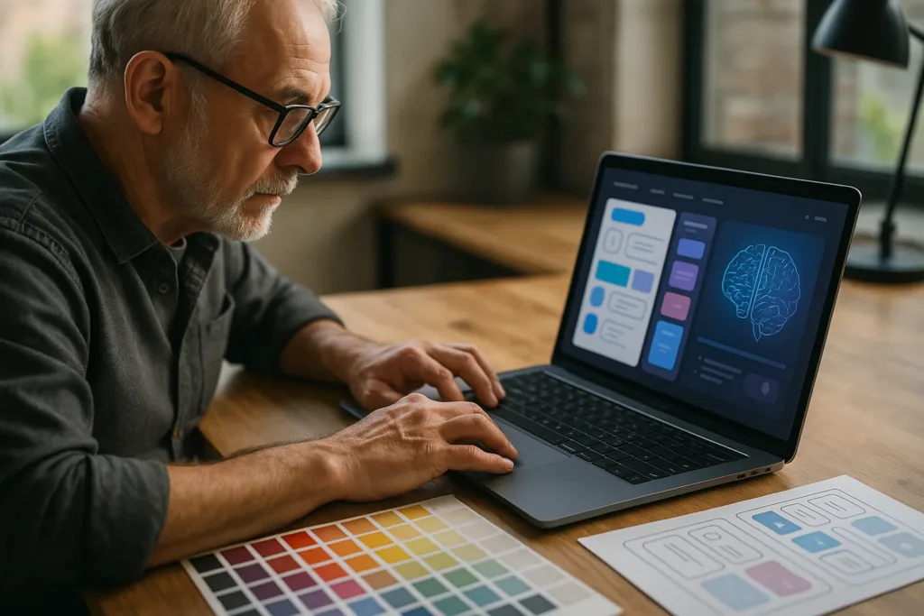 Designer trabalhando com paletas de cores e interface de IA em um estúdio moderno