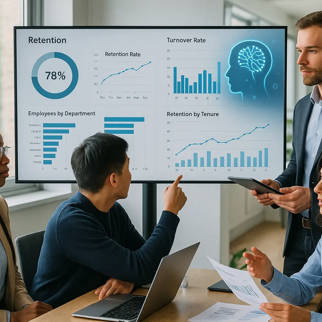 Equipe de RH analisando painéis de retenção e IA em escritório moderno