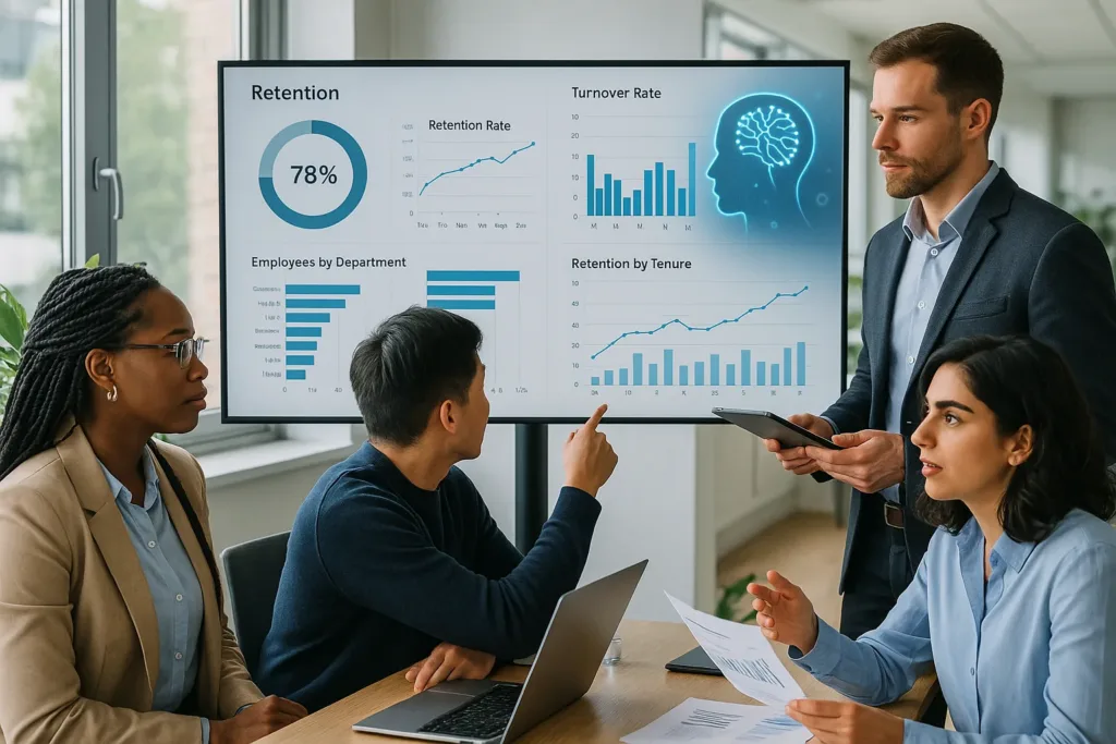 Equipe de RH analisando painéis de retenção e IA em escritório moderno