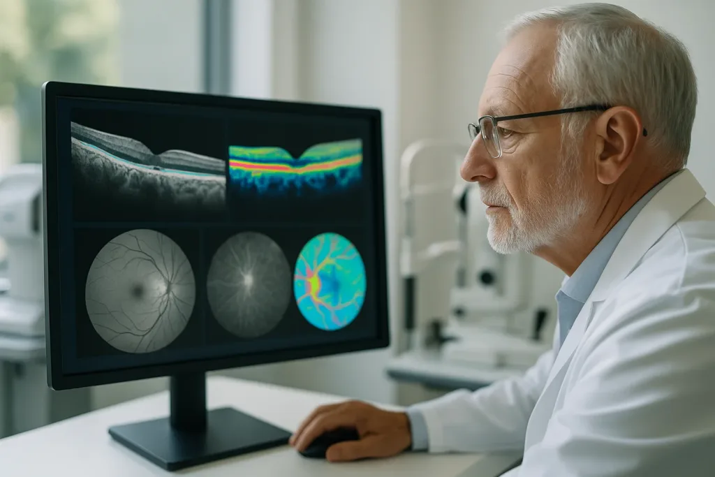 Oftalmologista analisa exames de retina com apoio de IA em clínica moderna