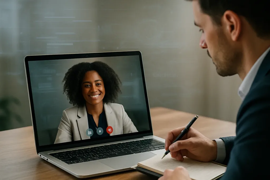 Entrevista por vídeo com recrutador e gráficos de IA ao fundo