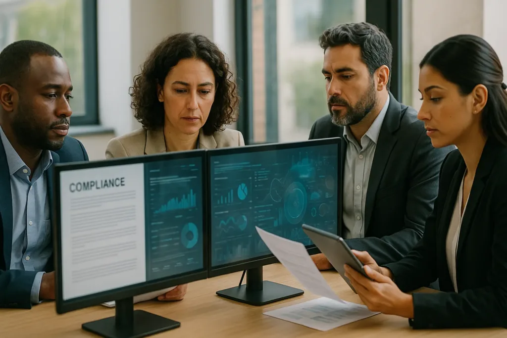 Equipe de compliance analisando documentos digitais em banco brasileiro