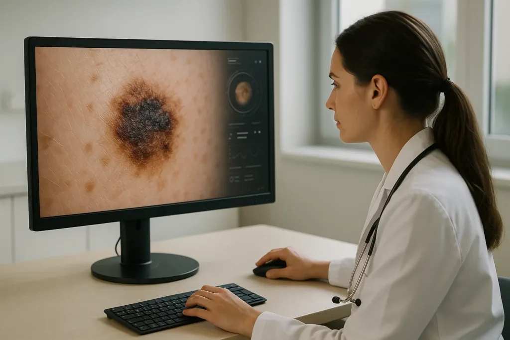 Médico analisa imagem de lesão de pele com apoio de IA em clínica