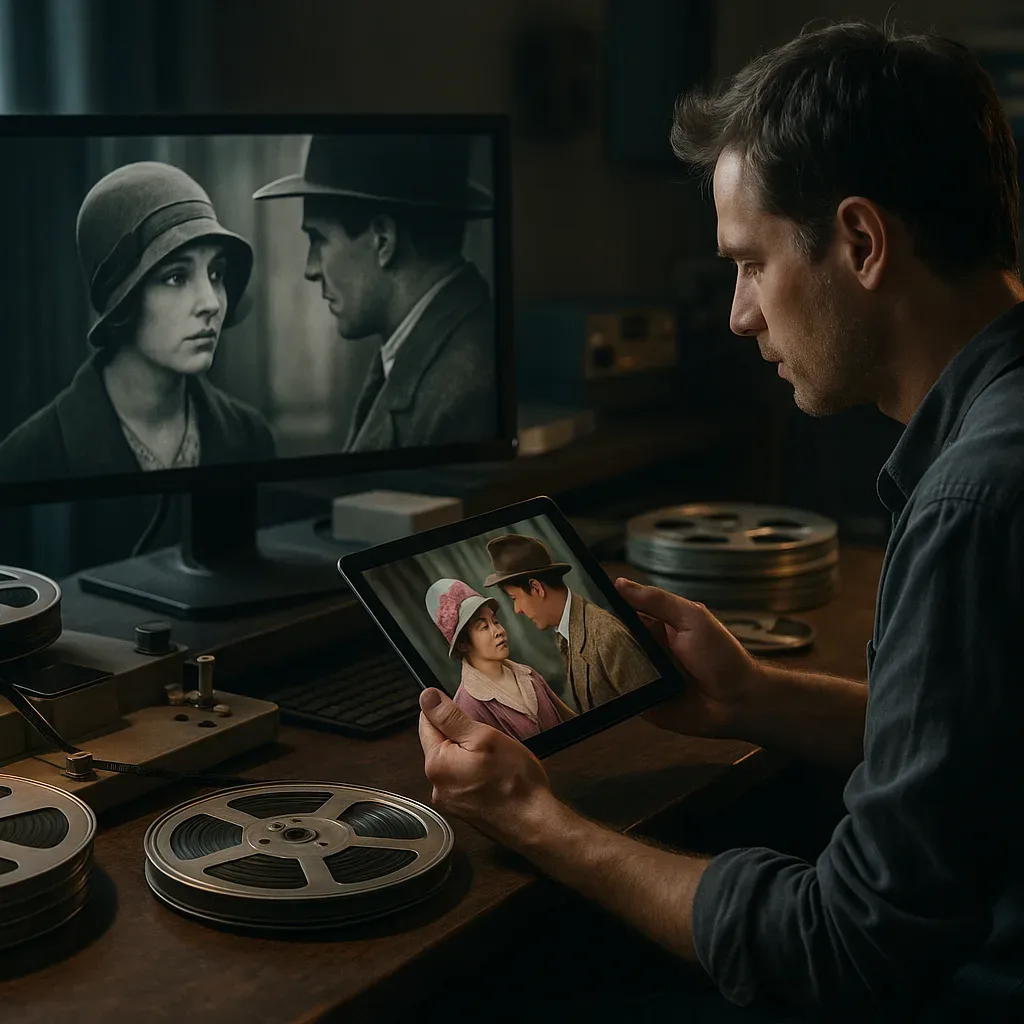 Pesquisador analisando frames colorizados de filme antigo em laboratório