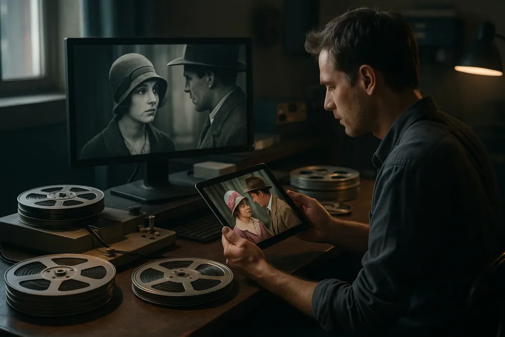 Pesquisador analisando frames colorizados de filme antigo em laboratório