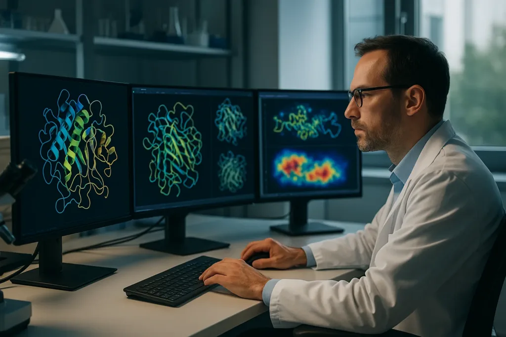 Cientista analisando estruturas de proteínas em telas com visualizações de IA