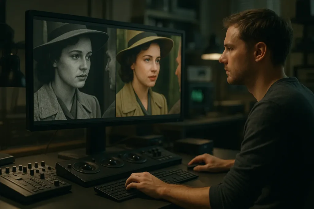 Estúdio de restauração com filme antigo em preto e branco e versão colorizada