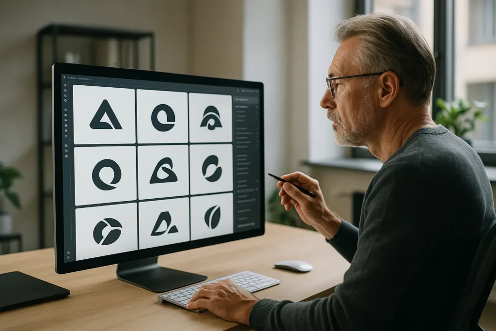 Designer analisando conceitos de logos em tela de estúdio