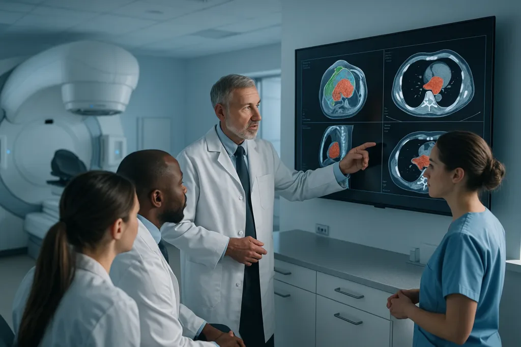 Equipe médica analisando imagens e segmentações em radioterapia oncológica