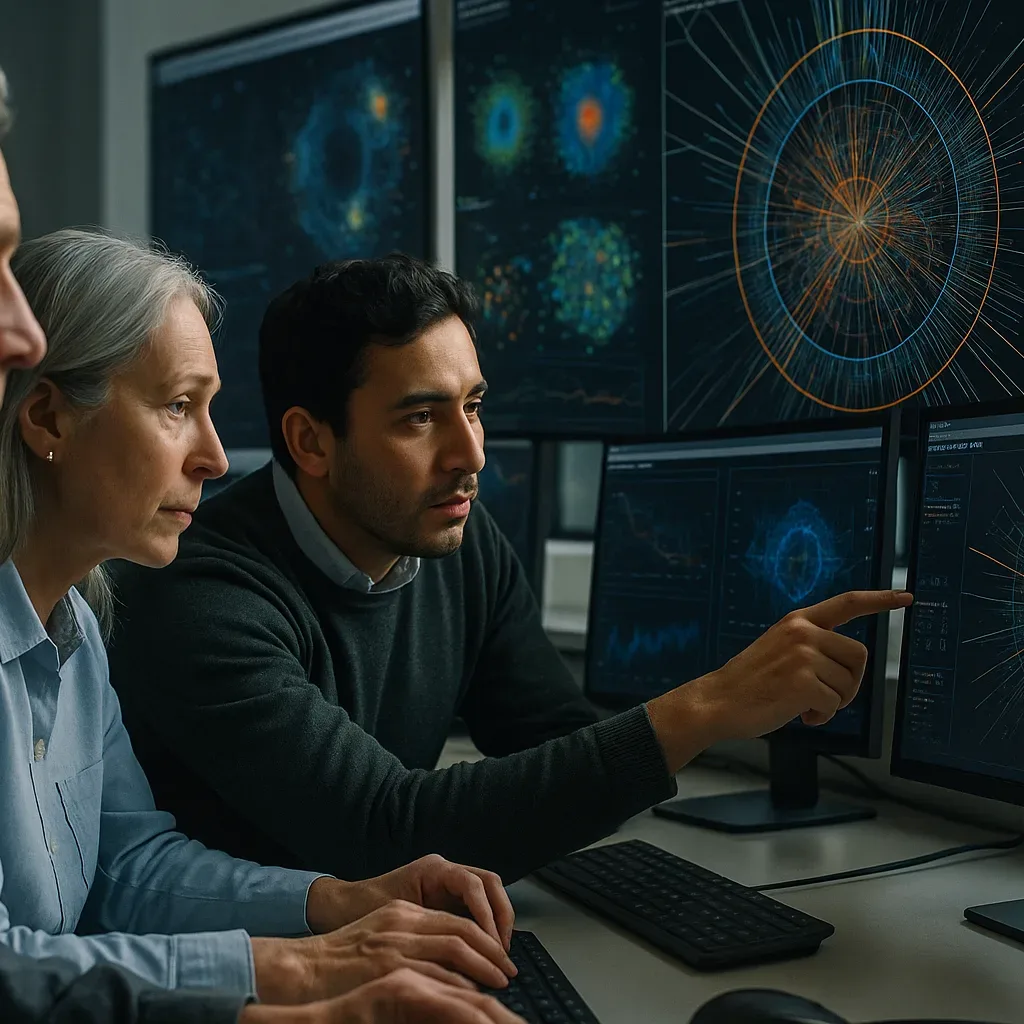 Pesquisadores analisam dados de colisões no CERN com telas e gráficos