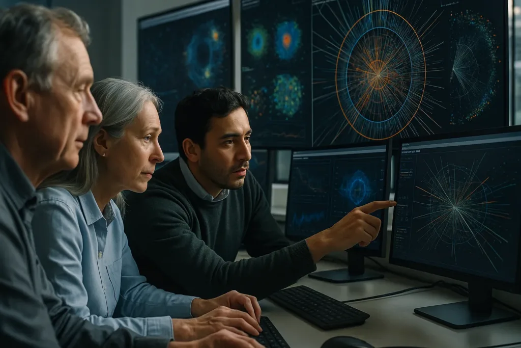 Pesquisadores analisam dados de colisões no CERN com telas e gráficos
