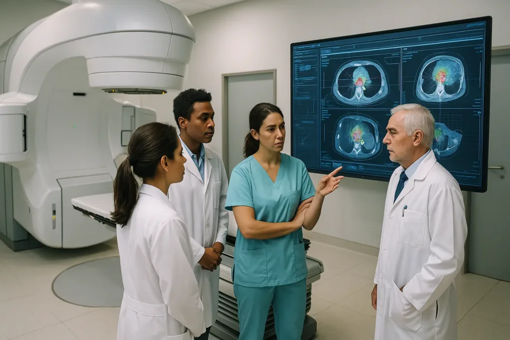 Equipe médica revisa imagens para radioterapia adaptativa em hospital brasileiro