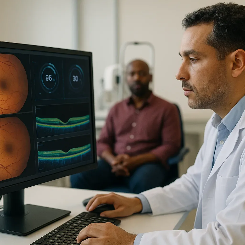 Oftalmologista analisa imagens de retina com apoio de IA em clínica brasileira