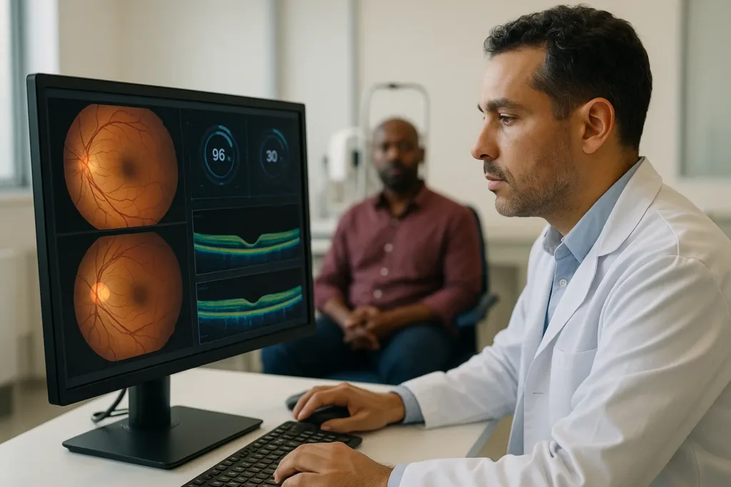 Oftalmologista analisa imagens de retina com apoio de IA em clínica brasileira