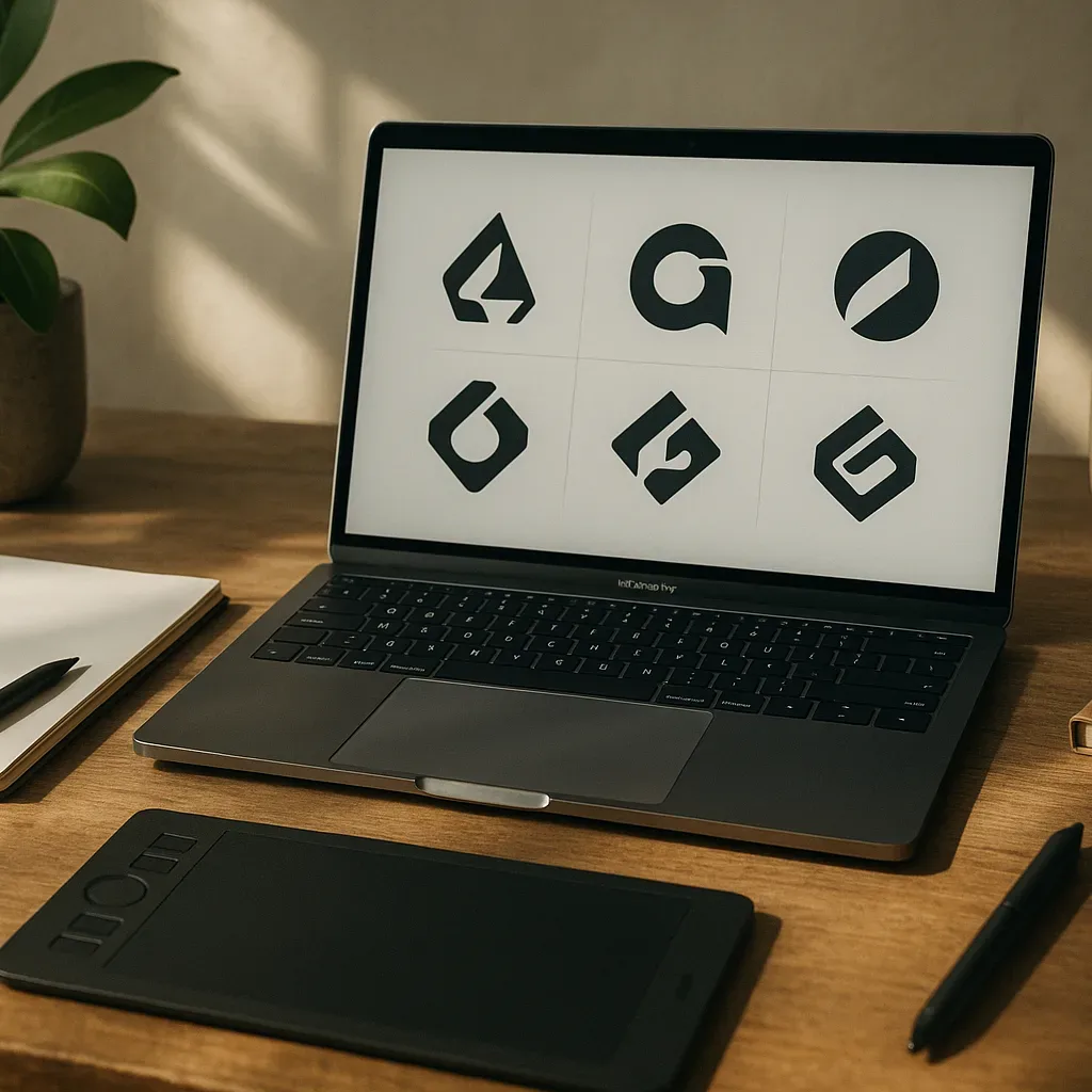 Mesa de design com notebook e tela exibindo esboços de logos gerados por IA